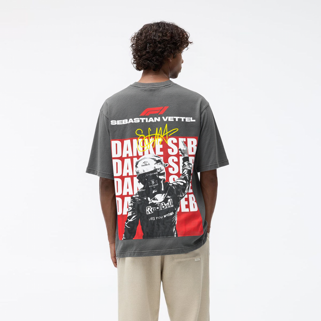 Person wearing a gray t-shirt with a graphic design on the back, standing against a white background