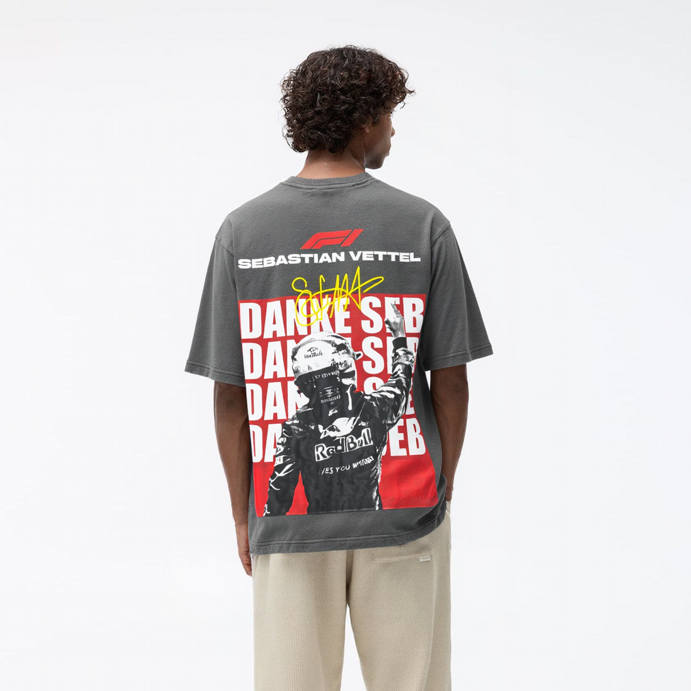 Person wearing a gray t-shirt with a graphic design on the back, standing against a white background